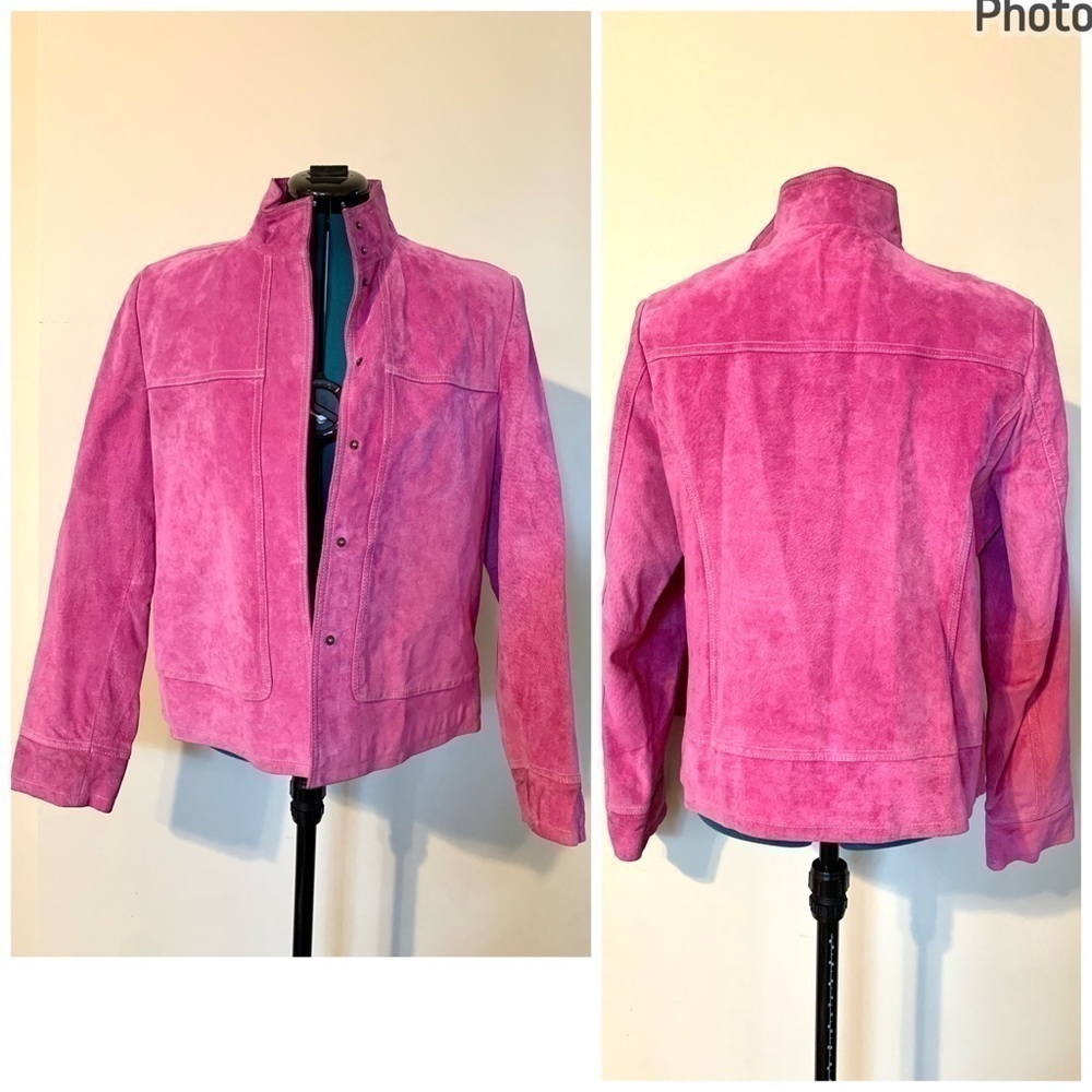 Vintage Marshall Fields pink suede leather jacket barbiecore retro 90s coat boho
